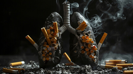 Health concept of a lung transformed into a cigarette-filled organ, vividly conveying the harmful impact of smoking. Powerful no-smoking message campaign