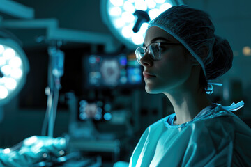 Woman surgeon looking at an operating room - obrazy, fototapety, plakaty