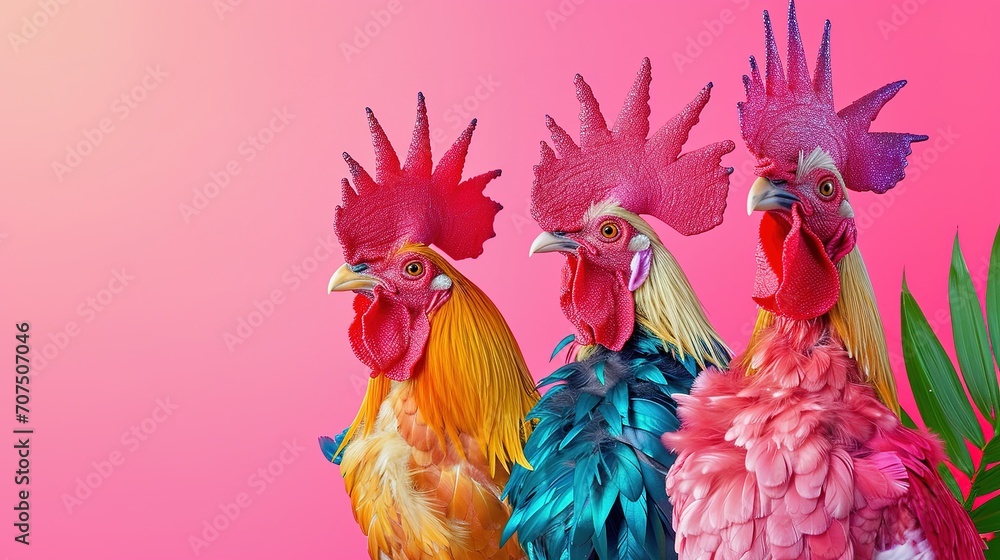 Wall mural creative animal concept. rooster bird in a group, vibrant bright fashionable outfits isolated on sol - Wall murals