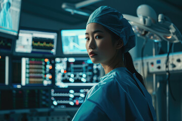 Asian Woman surgeon looking at an operating room - obrazy, fototapety, plakaty