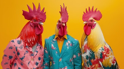 Creative animal concept. Rooster bird in a group, vibrant bright fashionable outfits isolated on solid background advertisement, copy text space. birthday party invite invitation banner