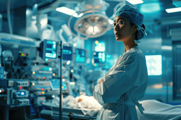 Naklejka premium Woman surgeon looking at an operating room