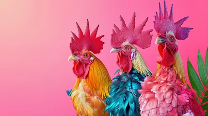 Foto op Plexiglas Creative animal concept. Rooster bird in a group, vibrant bright fashionable outfits isolated on solid background advertisement, copy text space. birthday party invite invitation banner © Jennifer