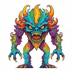 Mystical full body angry monster character standing facing forward. Graphic design for mascot, t shirt, banner, cover, tattoo. Digital asset ready to print.