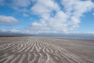 Fototapeta na wymiar A sandy beach under a blue sky dotted with white clouds.
