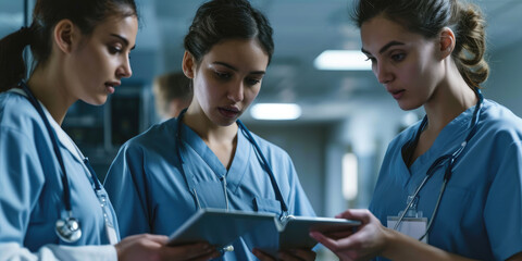 group of young nurse and doctors working tablet computer together - obrazy, fototapety, plakaty