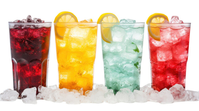 A variety of refreshing drinks including a red cocktail, cola isolated on transparent and white background.PNG image.