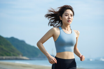 Fototapeta na wymiar Woman Running on Beach Near Ocean