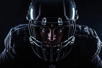 Intense American football sportsman ready to charge, isolated on a black background, a depiction of the readiness and anticipation that define moments before the play.
