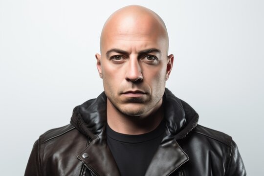 Portrait of a bald man in a leather jacket on a white background