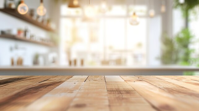 Empty beautiful wood table top counter and blur bokeh modern kitchen interior background in clean and bright, Banner, + --ar 16:9 --v 6 Job ID: c1b1e6d4-95c1-4352-9eae-8d75260f50c9