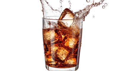 Cola splashing out of a glass Isolated on white background, isolated on transparent and white background.PNG image.