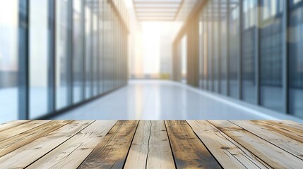 Empty wood table top and blur glass window wall building banner mock up abstract background - can used for display or montage your products