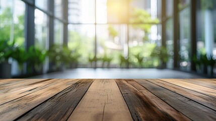 Empty wood table top and blur glass window wall building banner mock up abstract background - can used for display or montage your products