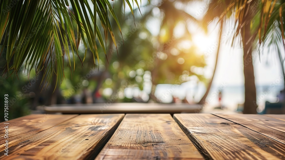 Poster empty wooden table and palm leaves with party on beach blurred background in summer time.