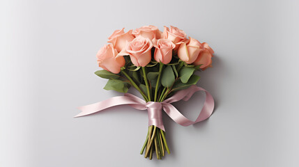 Rose bouquet with pink ribbon, top view laying down