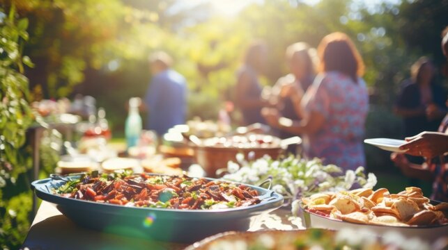An outdoor community potluck, where dishes made from ingredients grown in the local community are shared and enjoyed by all.