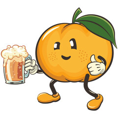 vector illustration of a cute mandarin orange character mascot raising a large beer glass while giving a thumbs up