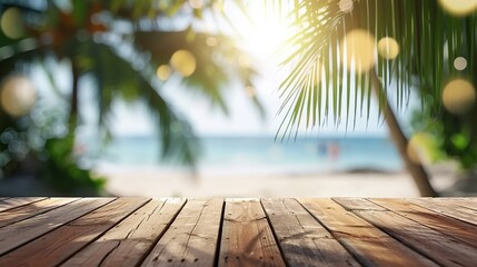 Empty wooden table and palm leaves with party on beach blurred background in summer time