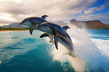 Fototapeta premium Cute dolphins jumping over breaking waves