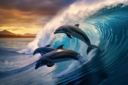 Cute dolphins jumping over breaking waves