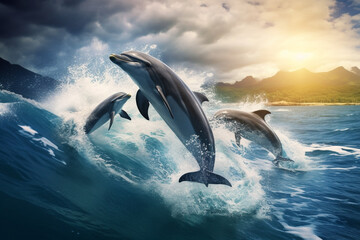 Fototapeta premium Cute dolphins jumping over breaking waves