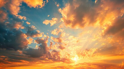 Fototapeta premium Evening, Colorful sunset sky background in Golden Sky Hour with Romantic Orange, Yellow sunlight clouds Summer season