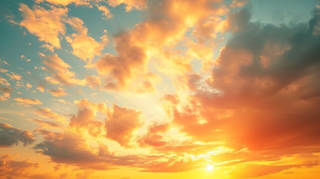 Evening, Colorful sunset sky background in Golden Sky Hour with Romantic Orange, Yellow sunlight clouds Summer season