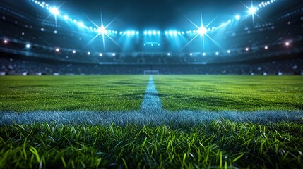 Football stadium view illuminated by blue spotlights and empty green grass field