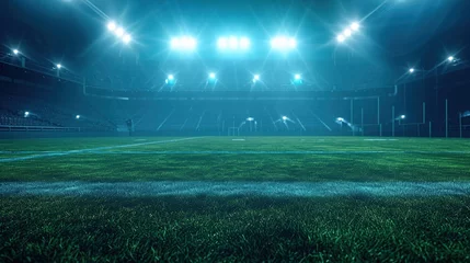 Poster Football stadium view illuminated by blue spotlights and empty green grass field © INK ART BACKGROUND