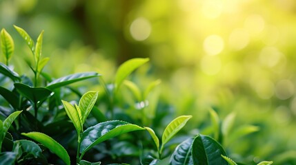 Obraz premium Fresh tea bud and leaves.Tea plantations. Close-up with space for text.
