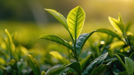 Fresh tea bud and leaves.Tea plantations. Close-up with space for text.