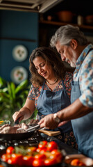 happy couple cooking meat, latino and brazilian style, wearing blue apron, home kitchen background, cooking pan sit on stove, 