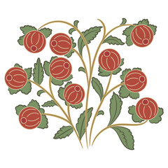Fantastic blooming branch with red flowers, fruits or berries and green leaves. Folk style. On white background. Isolated vector illustration.