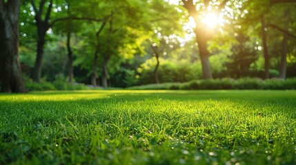 Fototapeta na wymiar Green lawn and trees background with copyspace. Nature background concept