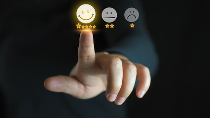 Customer satisfaction concept. Hand with thumb up Positive emotion smiley face icon