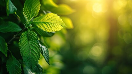 Green leaf on blurred greenery background. Beautiful leaf texture in sunlight 