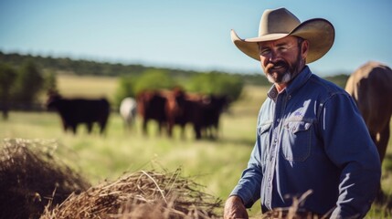 A cattle rancher explains the benefits of rotational grazing, stressing the importance of maintaining soil health for the sustainability of his farm. - obrazy, fototapety, plakaty