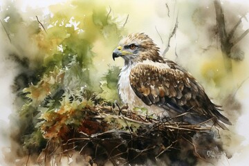 Watercolor painting of a young eagle in its nest. Generative AI