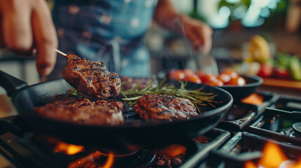 close up cinematic scene of grilling meat, iron pan, home kitchen, food being preparad by home chef, man, woman, 
