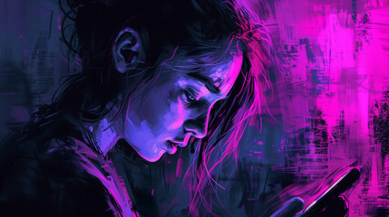 A concerned girl that holds a mobile phone and looks at its screen. Abstract, emotional, fuchsia and purple hues