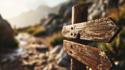 Focused on two old wooden blank trekking and hiking arrow signs - obrazy, fototapety, plakaty