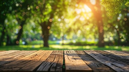 Nature background, Wood table for food and product display over blur green tree garden, Blue park nature outdoor and wood table with bokeh light background in spring and summer