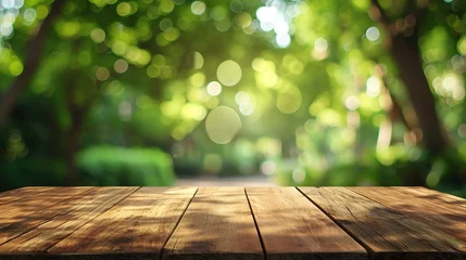 Poster Nature background, Wood table for food and product display over blur green tree garden, Blue park nature outdoor and wood table with bokeh light background in spring and summer © INK ART BACKGROUND
