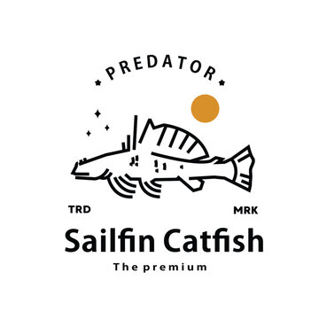 vintage retro hipster sailfin catfish logo vector outline monoline art icon