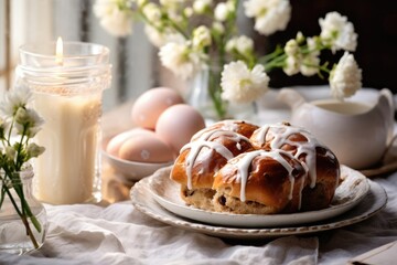 Still life of Easter breakfast with freshly baked cross buns and eggs