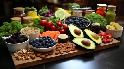 Fototapeta na wymiar Selection of healthy food choices beautifully arranged, promoting a balanced and nutritious diet