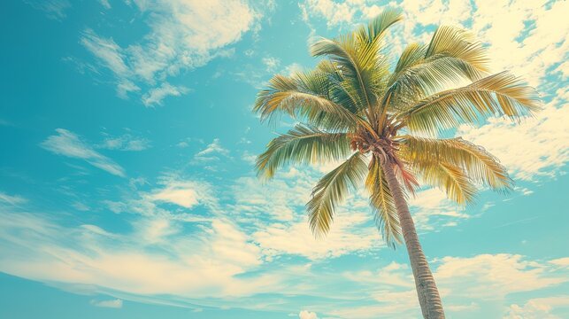 Palm tree on tropical beach with blue sky and white clouds abstract background