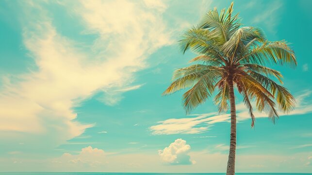 Palm tree on tropical beach with blue sky and white clouds abstract background. Copy space of summer vacation and business travel concept