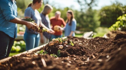 A group of farmers gather around a community compost pile, discussing the benefits of zerowaste farming in conserving resources and promoting sustainability. - obrazy, fototapety, plakaty